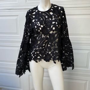 Ladies Couture black thick lace gothic bell sleeved blouse boho romantic